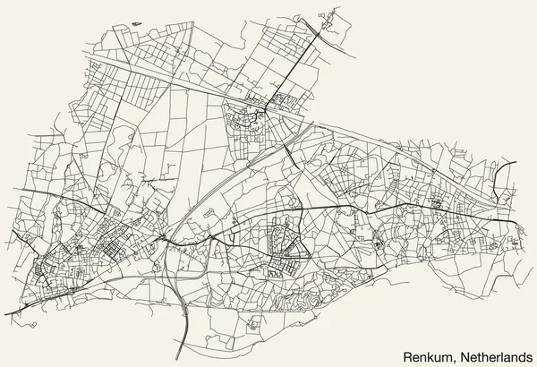 Hollanda 'nın RENKUM, NETHERLANDS kentinin klasik arka plan üzerinde sağlam yol çizgileri ve isim etiketine sahip elle çizilmiş yol haritası