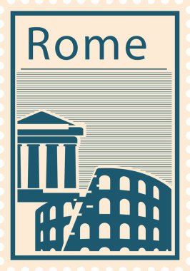 Düz mavimsi ve pembemsi detaylı posta kartı damgası ile KOLOSSEUM ve PANtheON İtalya 'nın Roma şehrinin ünlü simgeleri ve simgeleri, İtalya