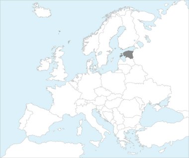 Avrupa kıtasının Mollweide projeksiyonu kullanılarak mavi zemin üzerindeki detaylı beyaz siyasi haritası içindeki Gri CMYK ulusal ESTONIA haritası