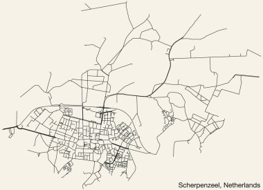 Hollanda 'nın SCHERPENZEEL kentinin elle çizilmiş yol haritası, sağlam yol çizgileri ve klasik arka planda isim etiketi olan NETHERLANDS