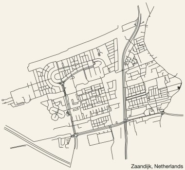 Hollanda 'nın ZAANDIJK, NETHERLANDS kentinin klasik arka plan üzerinde sağlam yol çizgileri ve isim etiketine sahip elle çizilmiş yol haritası