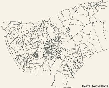 Hollanda 'nın HEEZE, NETHERLANDS kentinin klasik arka plan üzerinde sağlam yol çizgileri ve isim etiketine sahip elle çizilmiş yol haritası