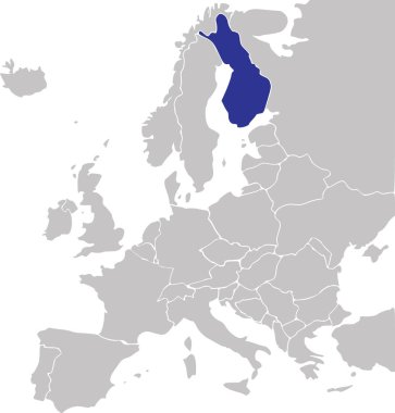 FINLAND 'ın mavi CMYK ulusal haritası Mercator projeksiyonu kullanılarak şeffaf arkaplan üzerinde Avrupa kıtasının basitleştirilmiş gri boş siyasi haritası