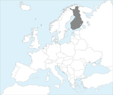Gri CMYK FINLAND ulusal haritası Mollweide projeksiyonu kullanılarak Avrupa kıtasının mavi zemin üzerinde detaylı beyaz siyasi haritası