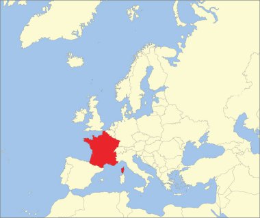 Mollweide projeksiyonu kullanılarak mavi zemin üzerinde Avrupa kıtasının detaylı bej boş siyasi haritası içindeki kırmızı CMYK FRANCE ulusal haritası