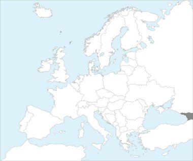 Gri CMYK ulusal GEORGIA haritası Mollweide projeksiyonu kullanılarak mavi zemin üzerinde Avrupa kıtasının detaylı beyaz siyasi haritası