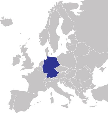 Mercator projeksiyonu kullanılarak şeffaf arkaplan üzerinde Avrupa kıtasının basitleştirilmiş gri boş siyasi haritası içindeki GERMANY 'nin Mavi CMYK ulusal haritası