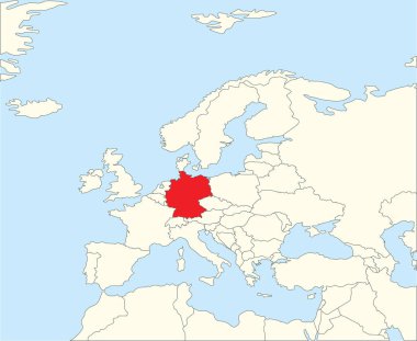 Kırmızı CMYK GERMANY ulusal haritası Winkel Üçlü projeksiyonu kullanılarak Avrupa kıtasının basitleştirilmiş bej boş siyasi haritası