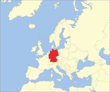 Mollweide projeksiyonu kullanılarak mavi zemin üzerinde Avrupa kıtasının detaylı bej boş siyasi haritası içindeki GERMANY 'nin kırmızı CMYK ulusal haritası