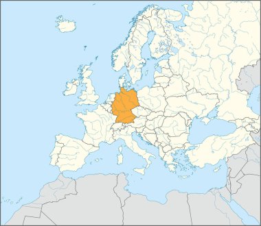 Mercator projeksiyonu kullanılarak mavi zemin üzerinde nehirler ve göller bulunan Avrupa kıtasının detaylı bej boş siyasi haritası içindeki Turuncu CMYK ulusal GERMANY haritası