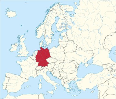 Kırmızı CMYK GERMANY ulusal haritası Avrupa kıtasının detaylı bej boş siyasi haritasında Mercator projeksiyonu kullanılarak mavi arka planda nehirler ve göller