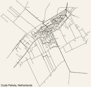 Hollanda 'nın OUDE PEKELA kentinin elle çizilmiş yol haritası, sağlam yol çizgileri ve klasik arka planda isim etiketi olan NETHERLANDS