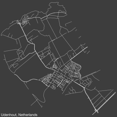 Hollanda 'nın UDENHout kentinin elle çizilmiş yol haritası, sağlam yol çizgileri ve klasik arka planda isim etiketi bulunan NETHERLANDS