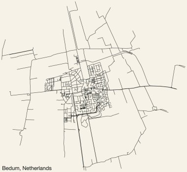Hollanda 'nın BEDUM, NETHERLANDS kentinin klasik arka plan üzerinde sağlam yol çizgileri ve isim etiketine sahip elle çizilmiş yol haritası