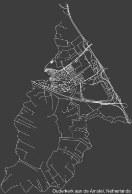 Hollanda 'nın OUDERKERK AAN DE AMSTEL kentinin elle çizilmiş yol haritası, sağlam yol çizgileri ve klasik arka planda isim etiketi bulunan NETHERLANDS