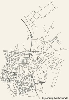 Hollanda 'nın RIJNSBURG kentinin elle çizilmiş yol haritası, sağlam yol çizgileri ve klasik arka planda isim etiketi olan NETHERLANDS
