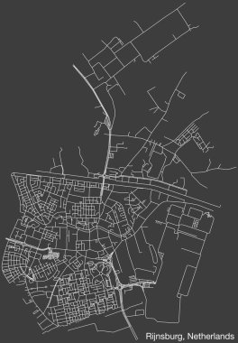 Hollanda 'nın RIJNSBURG kentinin elle çizilmiş yol haritası, sağlam yol çizgileri ve klasik arka planda isim etiketi olan NETHERLANDS