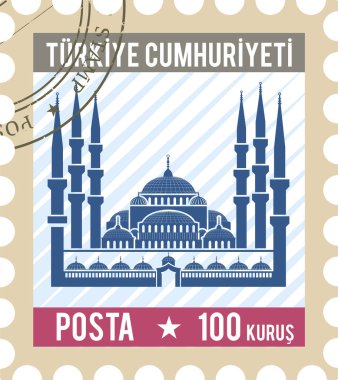 HAGIA SOPHIA MOSQUE 'nin ünlü simgesi ve Türkiye' nin ISTANBUL sembolü TRKIYE 'nin yer aldığı düz renkli ayrıntılı posta kartı damgası