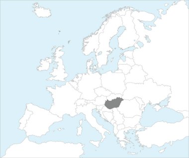 Gri CMYK ulusal HUNGARY haritası Mollweide projeksiyonu kullanılarak mavi zemin üzerinde Avrupa kıtasının ayrıntılı beyaz siyasi haritası