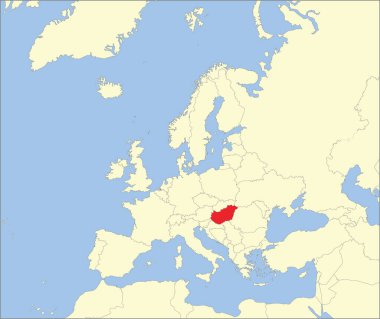 Kırmızı CMYK ulusal HUNGARY haritası Mollweide projeksiyonu kullanılarak mavi zemin üzerinde Avrupa kıtasının ayrıntılı bej boş siyasi haritası