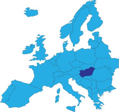 Koyu mavi CMYK ulusal HUNGARY haritası Peters projeksiyonu kullanılarak şeffaf arkaplan üzerinde Avrupa kıtasının basitleştirilmiş mavi boş siyasi haritası