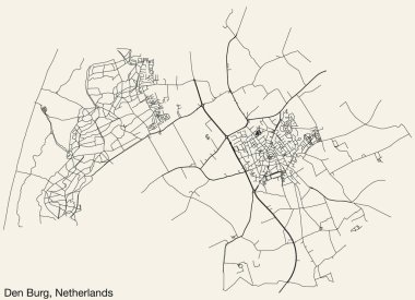 Hollanda 'nın DEN BURG, NETHERLANDS kentinin klasik arka plan üzerinde sağlam yol çizgileri ve isim etiketine sahip elle çizilmiş yol haritası