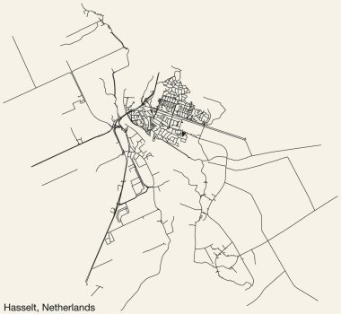 Hollanda 'nın HASSELT, NETHERLANDS kentinin klasik arka plan üzerinde sağlam yol çizgileri ve isim etiketine sahip elle çizilmiş yol haritası