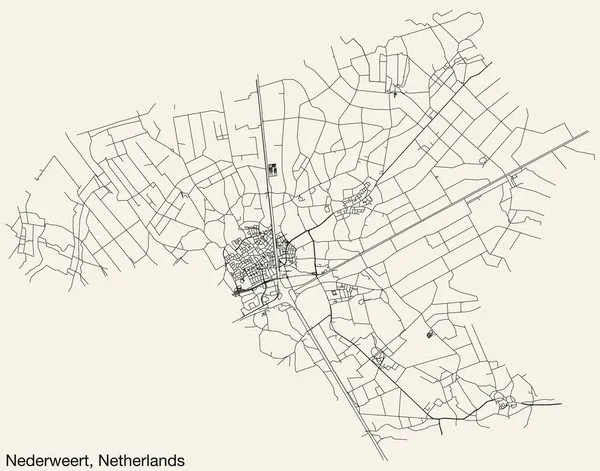 Hollanda 'nın NEDERweERT kentinin elle çizilmiş yol haritası, sağlam yol çizgileri ve klasik arka planda isim etiketi olan NETHERLANDS