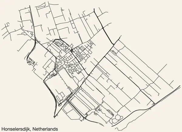 Hollanda 'nın HONSELERSDIJK kentinin elle çizilmiş yol haritası, sağlam yol çizgileri ve klasik arka planda isim etiketi bulunan NETHERLANDS