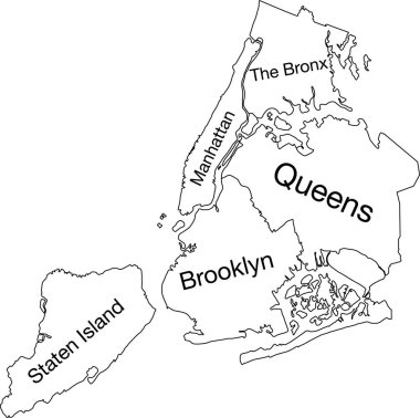 New York Şehri 'nin beyaz düz vektör idari haritası, ilçelerinin isim etiketleri ve siyah sınır çizgilerine sahip Birleşik Devletler