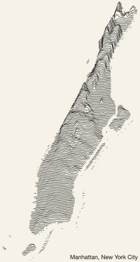 MANHATTAN, NEW YORK CITY kasabasının topografik abartılmış yardım haritası sağlam dış hatları ve klasik arka planda isim etiketi ile