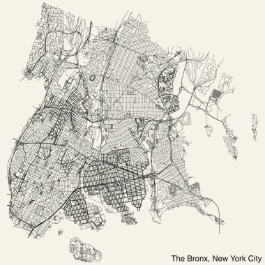 Amerikan şehri NEW YORK CITY 'nin BRONX BOROUGH' unun ayrıntılı el çizimi şehir yolları haritası, canlı yol çizgileri ve sağlam arka planda isim etiketi bulunan Birleşik Devletler