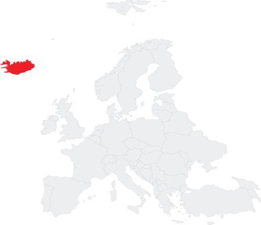 Kızıl CMYK ICELAND ulusal haritası, Robinson projeksiyonu kullanılarak şeffaf arkaplan üzerinde Avrupa kıtasının gri boş siyasi haritası içinde