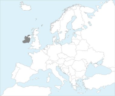 IRELAND 'ın gri CMYK ulusal haritası Mollweide projeksiyonu kullanılarak mavi zemin üzerinde Avrupa kıtasının ayrıntılı beyaz siyasi haritası