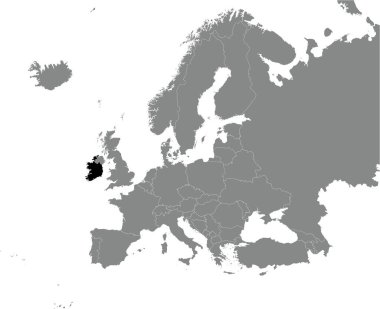 Siyah CMYK IRELAND ulusal haritası Mercator projeksiyonu kullanılarak şeffaf arkaplan üzerinde Avrupa kıtasının ayrıntılı gri boş siyasi haritası