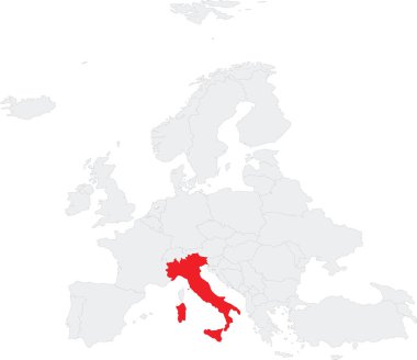 Kırmızı CMYK ulusal italyan haritası Avrupa kıtasının gri boş siyasi haritası içinde şeffaf arkaplan üzerine Robinson projeksiyonu kullanılarak