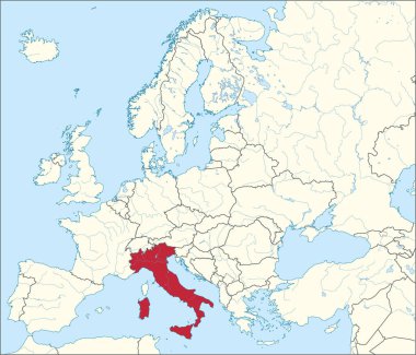 Mercator projeksiyonu kullanılarak mavi zemin üzerinde nehirler ve göller bulunan Avrupa kıtasının detaylı bej boş siyasi haritası içindeki kırmızı CMYK ulusal İtalya haritası
