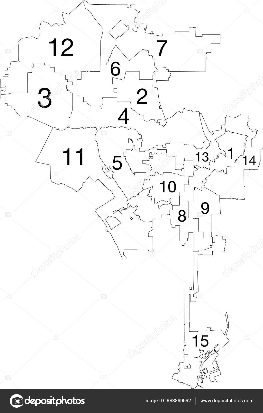 White Flat Vector Administrative Map Los Angeles City Councils United