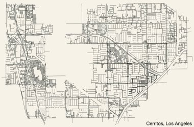 Amerikan LOS ANGELES COUNCIL 'İN CERRITOS Şehrinin detaylı el çizimi şehir yolları haritası, canlı yol çizgileri ve sağlam arka planda isim etiketi bulunan Birleşik Devletler