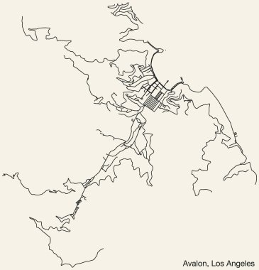 Amerikan LOS ANGELES CITY COUNCIL AVALON Şehrinin detaylı el çizimi şehir yolları haritası, canlı yol çizgileri ve sağlam arka planda isim etiketi bulunan Birleşik Devletler