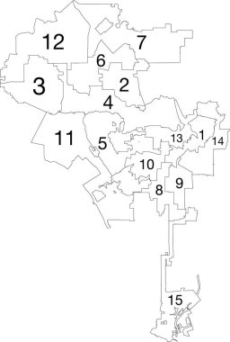 LOS ANGELES CITY COUNCILS 'in beyaz düz vektör idari haritası, şehirlerinin siyah sınır çizgilerine sahip Birleşik Devletler