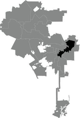 LOS ANGELES Şehrinin gri idari haritasının içindeki 1. DiSTRICT 'nin siyah, düz, boş konum haritası