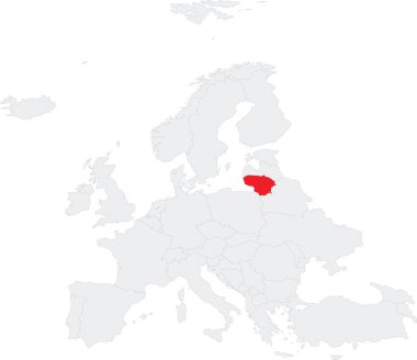 Kırmızı CMYK LITHUANIA ulusal haritası Avrupa kıtasının gri boş siyasi haritası içinde şeffaf arka planda Robinson projeksiyonu kullanılarak