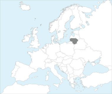 Mollweide projeksiyonu kullanılarak mavi zemin üzerinde Avrupa kıtasının detaylı beyaz siyasal haritası içindeki Gri CMYK LITHUANIA ulusal haritası
