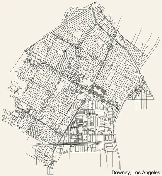 Amerikan LOS ANGELES KONSESİ 'nin DOWNEY Şehri' nin elle çizilmiş yol haritası, canlı yol çizgileri ve sağlam arkaplanda isim etiketi bulunan Birleşik Devletler.