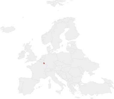 Kırmızı CMYK LUXEMBOURG ulusal haritası, Robinson projeksiyonu kullanılarak şeffaf arkaplan üzerinde Avrupa kıtasının gri boş siyasi haritası içinde