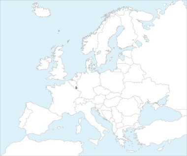 LUXEMBOURG 'un gri CMYK ulusal haritası Mollweide projeksiyonu kullanılarak mavi zemin üzerinde Avrupa kıtasının ayrıntılı beyaz siyasi haritası