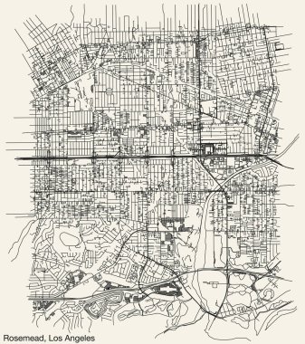 Amerikan LOS ANGELES CITY COUNCIL 'in ROSEMEAD Şehri' nin detaylı el çizimi şehir yolları haritası, canlı yol çizgileri ve sağlam arka planda isim etiketi bulunan Birleşik Devletler