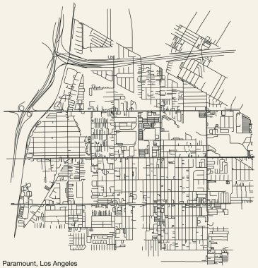 American LOS ANGELES CITY COUNCIL 'İN PARAMOUNY Şehrinin detaylı el çizimi şehir yolları haritası, canlı yol çizgileri ve sağlam arka planda isim etiketi bulunan Birleşik Devletler
