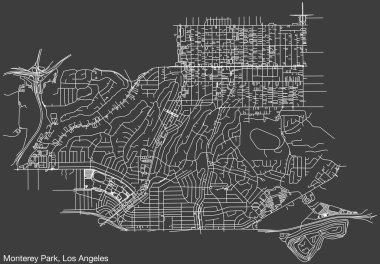 Amerikan LOS ANGELES CITY COUNCIL 'inin MonTEREY PARK Şehrinin detaylı el çizimi şehir yolları haritası, canlı yol çizgileri ve sağlam arka planda isim etiketi bulunan Birleşik Devletler